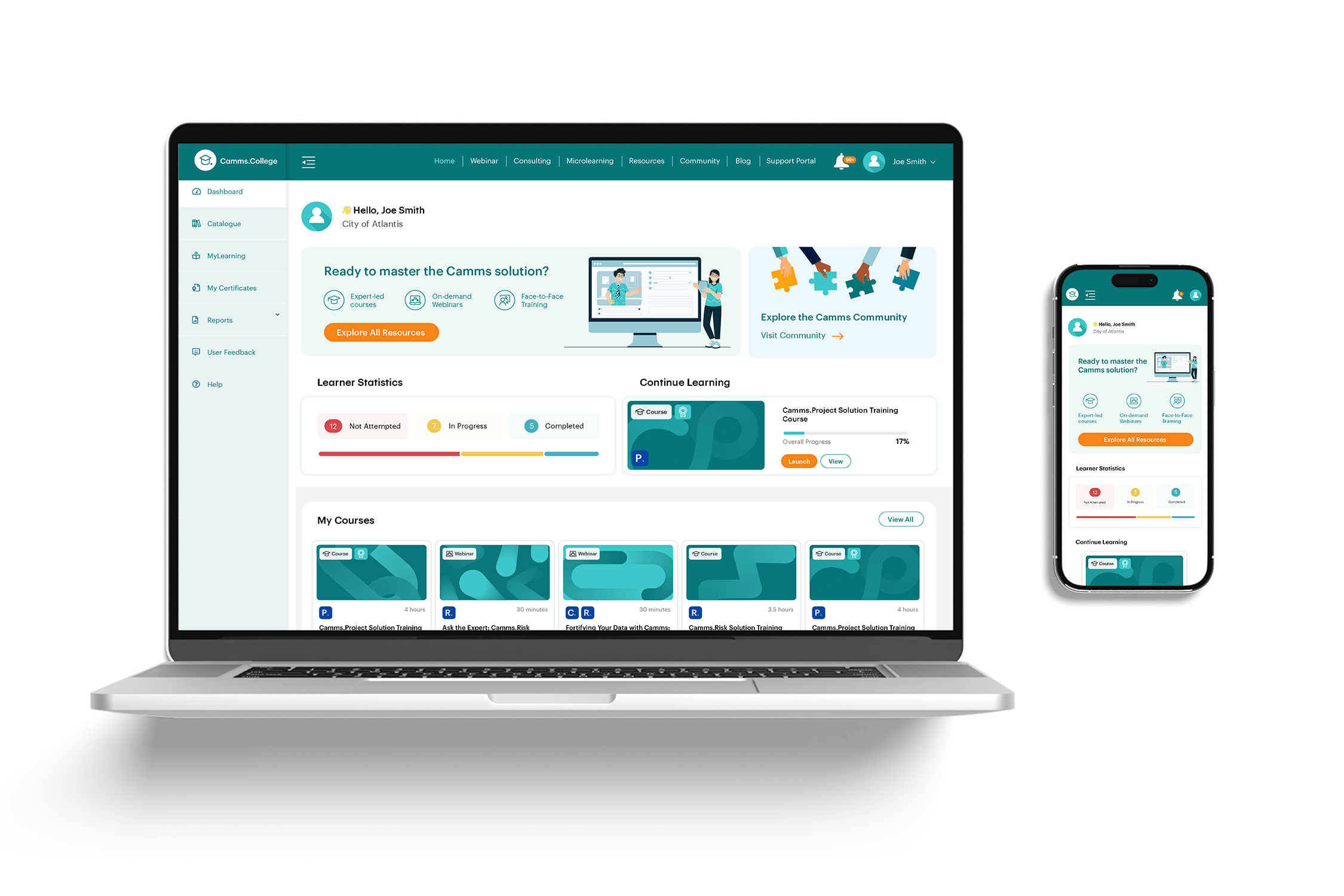 Figure 1.1: Sleeker Dashboard: Now with a “Continue Learning” button for quick access to your last activity and a prominent link to the Community.
