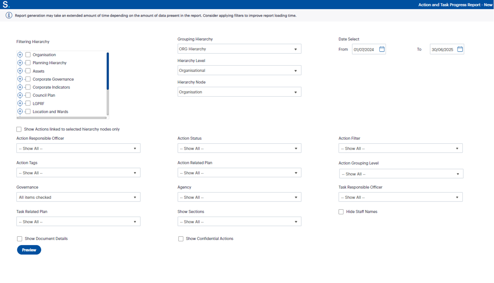 Figure 1.6: Here’s a look at the Parameters page of the new 'Action and Task Progress Report’ in GSP - Strategy.