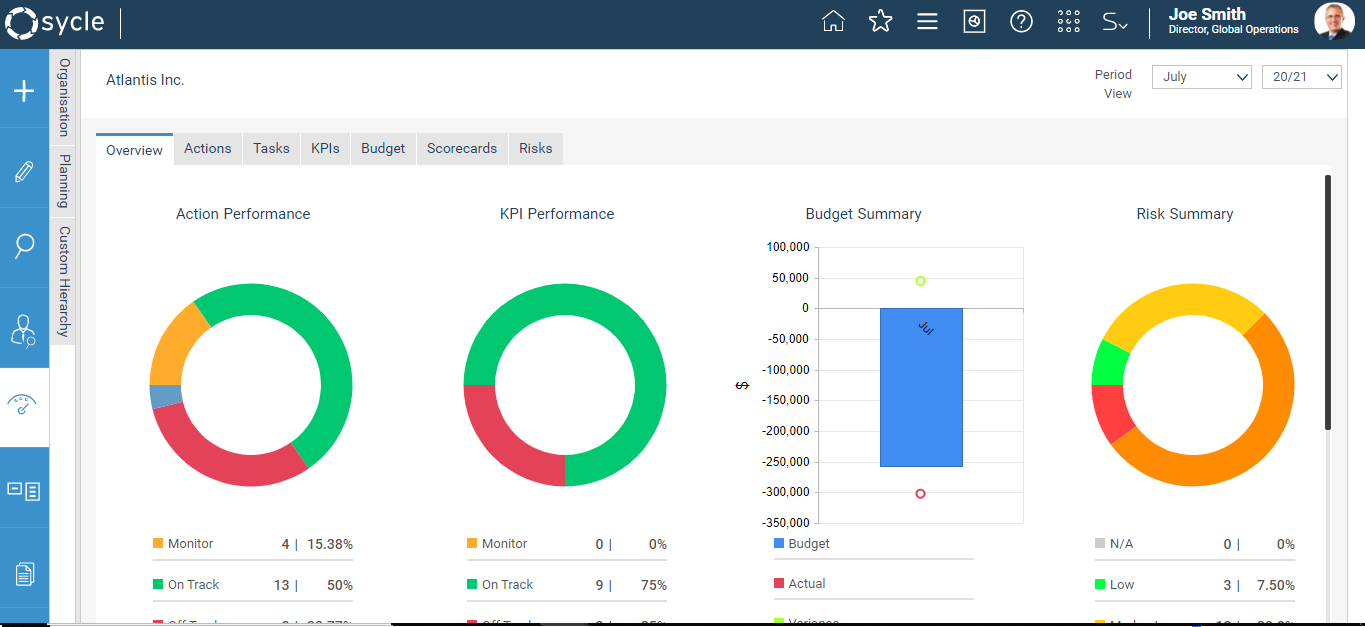 Figure 2.1: The Overview tab summarises performance across actions, indicators, budgets, and risks for a specific period and hierarchy level.