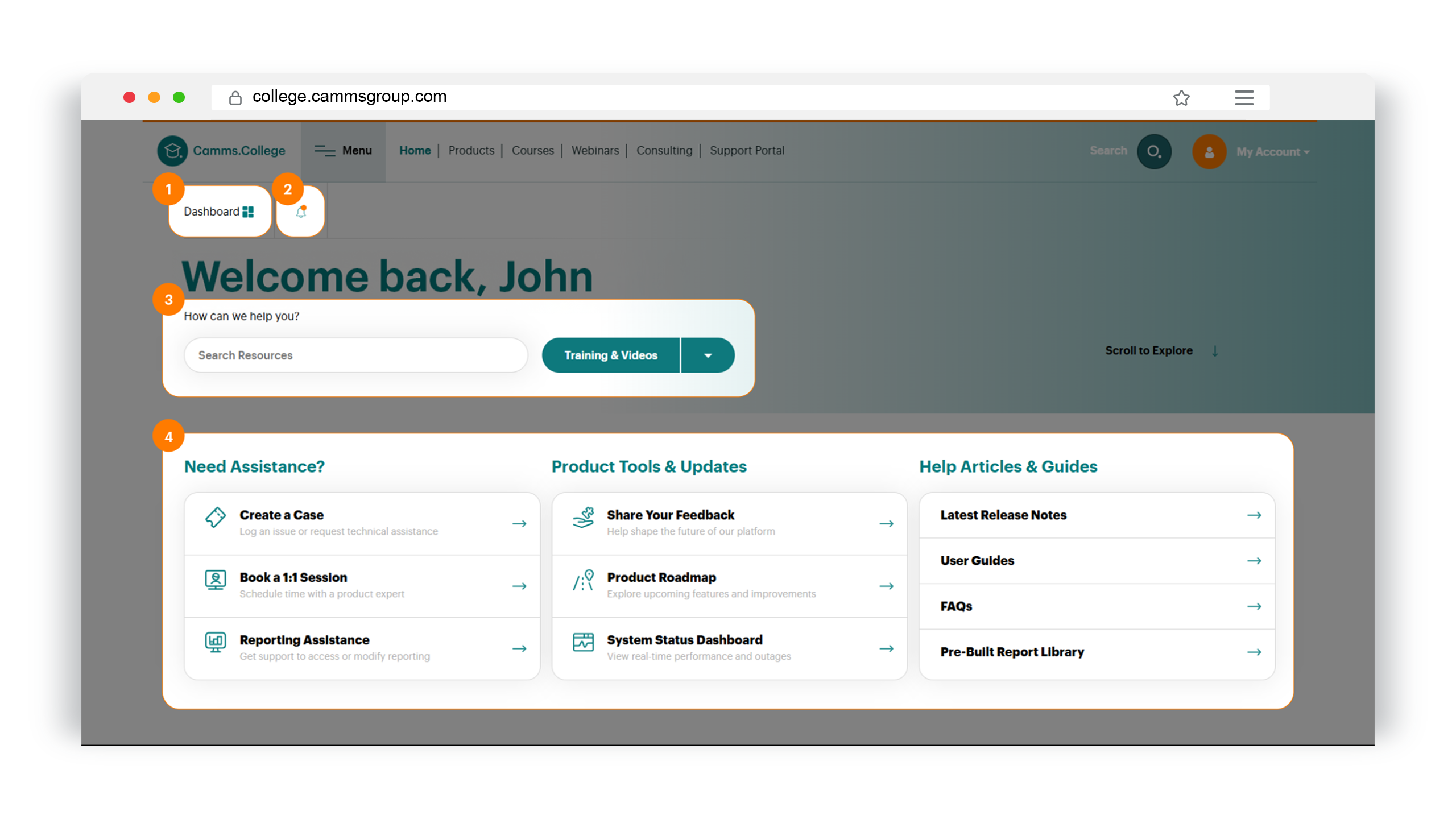 Figure 1.2: Quickly access your personalised dashboard, view all notifications in one place, search training resources and help content, and reach all support channels through the updated Help Centre.