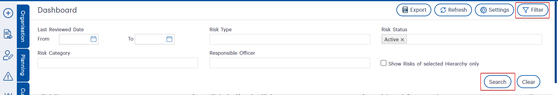 Figure 6.1: Advanced Filtering Panel in GSP - Risk allowing users to search by review date, risk type, status, category, or responsible officer. The ‘Search’ and ‘Clear’ options provide quick data refinement and reset, while the ‘Filter’ toggle ensures streamlined access to this powerful feature.