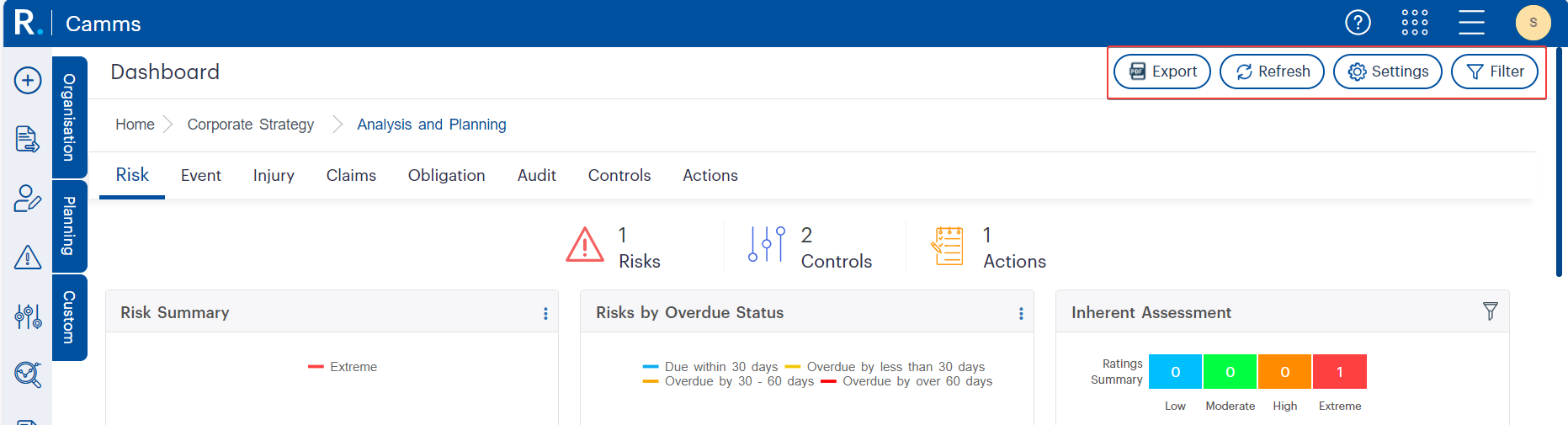 Figure 4.1: Dashboard-level tools like Export, Refresh, Settings, and Filter offer users quick access to customisation, real-time data updates, and PDF export options—supporting streamlined reporting and personalisation.