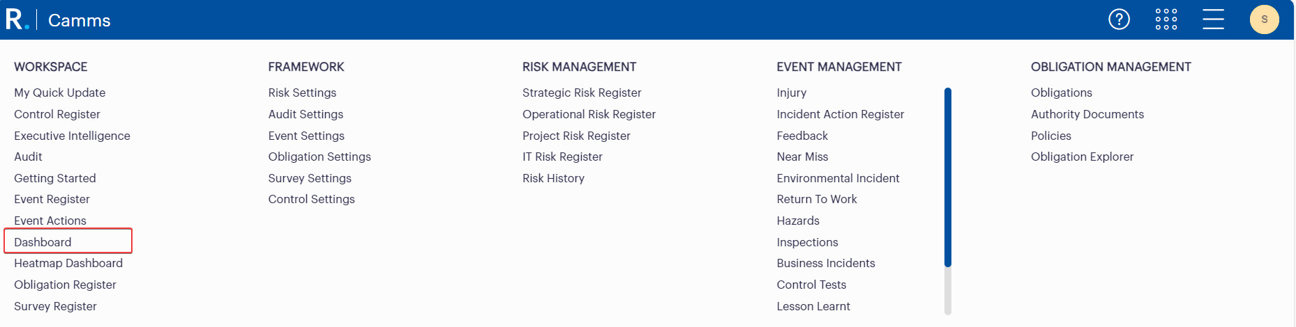 Figure 1.1: Main Navigation Menu in GSP - Risk Highlighting Access to the Risk Workspace Dashboard