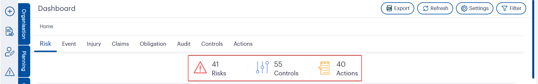 Figure 3.4: Real-Time Dashboard Summary in GSP - Risk displaying the number of Risks, Controls, and Actions. These high-level visual indicators update dynamically based on the selected hierarchy level, offering immediate clarity on risk-related activity within specific departments or units.