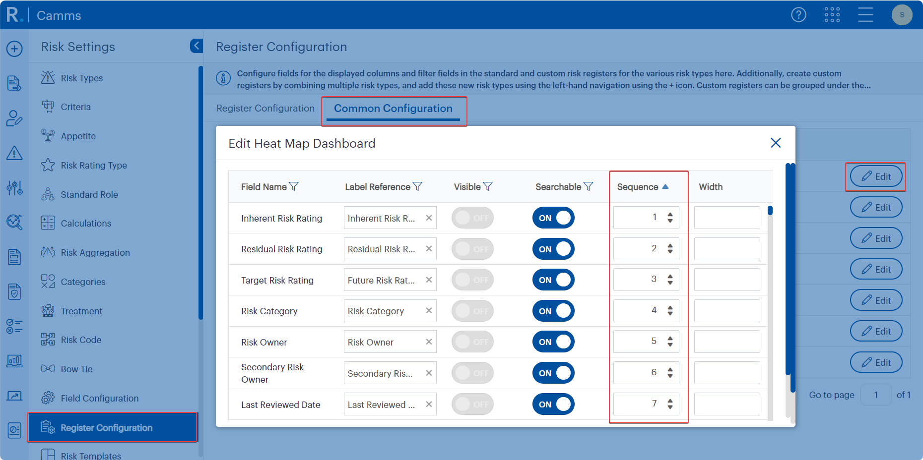 Figure 5.2: Register Configuration screen in GSP - Risk showing editable field properties for the Heat Map Dashboard. Admins can control visibility, searchability, sequence, and field width, allowing precise alignment of risk fields with reporting and governance needs.